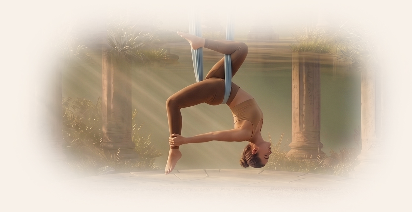 Praticante de Aerial Yoga suspensa em tecido entre colunas
