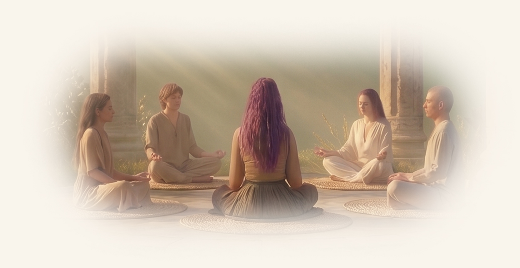 Grupo em meditação sentado em círculo entre colunas
