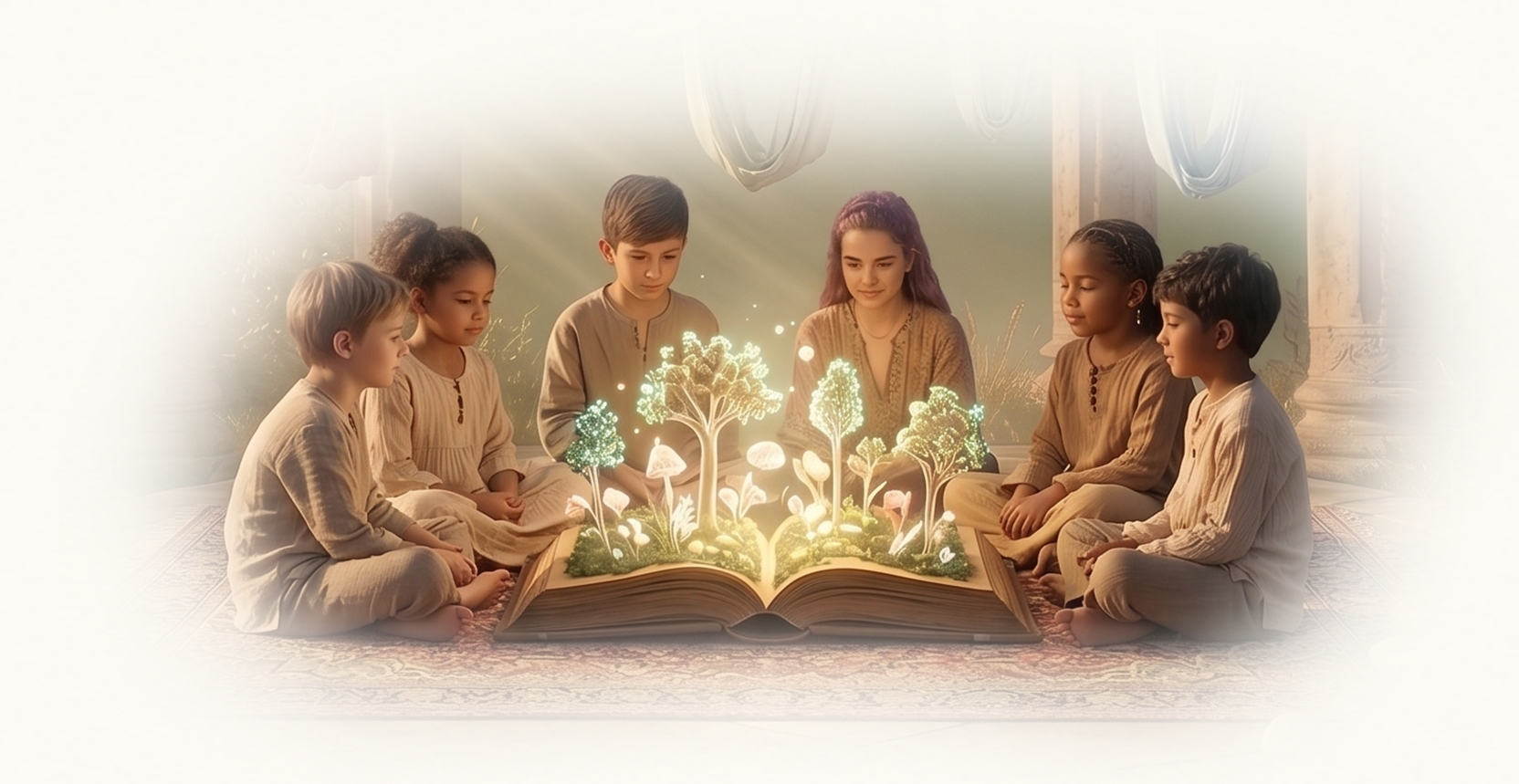 Crianças sentadas em redor de um livro mágico iluminado